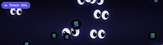 The image displays a dark background with the label "Thesis · SOL" in the upper left corner, surrounded by stylized cartoon eyes and small Solana logo symbols scattered throughout. The playful, whimsical design of watchful eyes paired with the text ties into the post's introduction of "Thesis" as a new feature, symbolizing the visible conviction and watchful attention of traders who pin their reasoning to positions on the platform.
