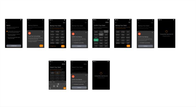 A series of mobile app screen mockups demonstrating a cryptocurrency backup process with steps like 'Backup Options', 'Backup Your Seed', and 'Confirm Your Seed' on dark-themed interfaces.