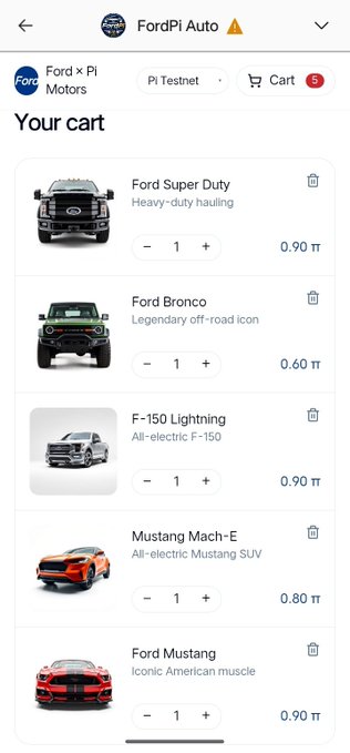 The image shows a Pi Network Testnet shopping cart for "Ford x Pi Motors" featuring five Ford vehicles (Super Duty, Bronco, F-150 Lightning, Mustang Mach-E, and Mustang) each priced in Pi cryptocurrency, demonstrating real-world utility for Pi Coin through a simulated peer-to-peer commerce experience with Ford automobiles.