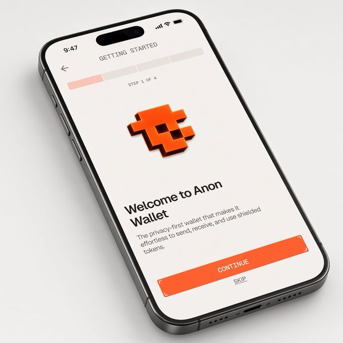 A smartphone displays the "Anon Wallet" onboarding screen, showing "Getting Started - Step 1 of 4" with the welcome message "Welcome to Anon Wallet" and a description calling it "The privacy-first wallet, that makes it effortless to send, receive, and use shielded tokens." The screen, featuring the wallet's orange 3D logo, visually represents the post's announcement of a new privacy-focused crypto wallet powered by RAILGUN's Shield technology for fully private transactions.