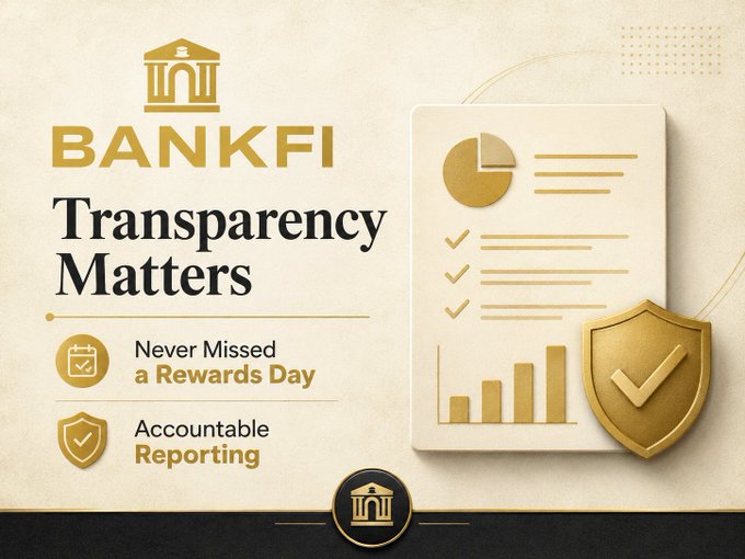 A promotional graphic for "BANKFI" with the headline "Transparency Matters," listing features like "Never Missed a Rewards Day" and "Accountable Reporting," accompanied by gold-toned icons of a document, shield, and charts.