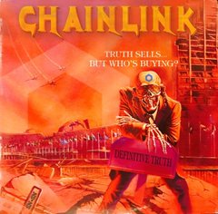 A stylized red poster or book cover featuring a figure with glowing eyes and a megaphone, labeled CHAINLINK with the tagline 'TRUTH SELLS, BUT WHO'S BUYING?' and 'CORRUPTED TRUTH' on the megaphone.