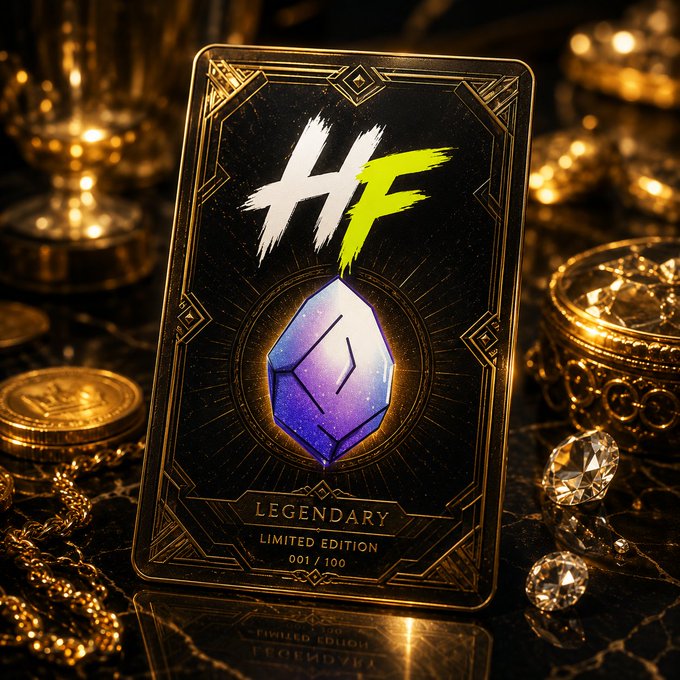 A "Legendary" limited edition card (#001/100) featuring the "HF" logo for HoodFrens, displayed among gold coins and diamonds to emphasize exclusivity. The card's premium design visually reinforces the post's announcement of HoodFrens' mobile app launch, daily rewards, and creator earnings.