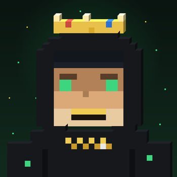 A pixel art character with long dark hair, bright green eyes, a golden crown, and a gold necklace is set against a starry dark green background.