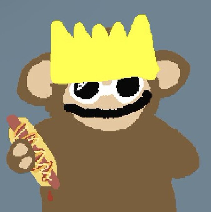 A pixelated cartoon character of a brown monkey wearing a yellow jagged crown and an eye patch, holding a banana labeled 'BANANA' with red liquid dripping from it on a gray background.