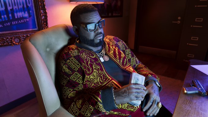 A 3D-rendered scene of a bearded man wearing stylish sunglasses, a gold chain, and a colorful patterned dashiki, sitting in a chair and holding a stack of cash.