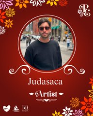 A decorative red poster featuring a circular photo of a man wearing sunglasses, framed by floral designs, with the text 'Judasaca Artist' and a small 'JCP' logo.