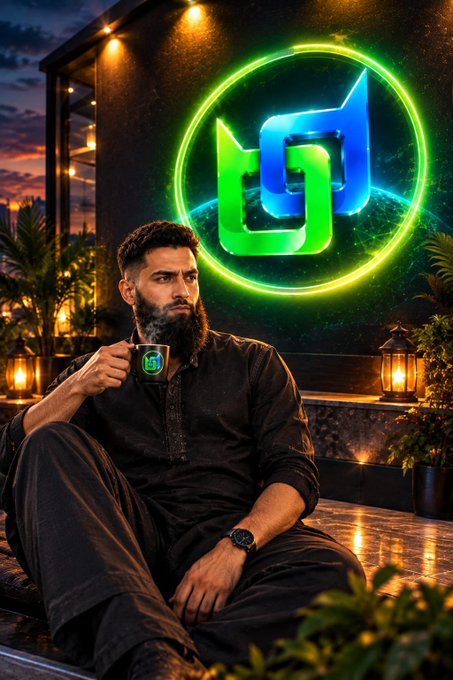 A bearded man in dark clothing sips from a mug in front of a large glowing green and blue circular logo against a dusk sky.
