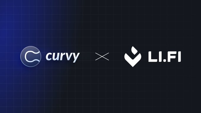 !"Curvy x LIFI-FI", "x Curvy Crosschain execution meets private execution. Swap across chains with privacy built into the transaction flow. powered by @lifiprotocol". The image features two logos side by side, one for "curvy" and another for "LIFI-FI". They are set against a black background that highlights their presence.