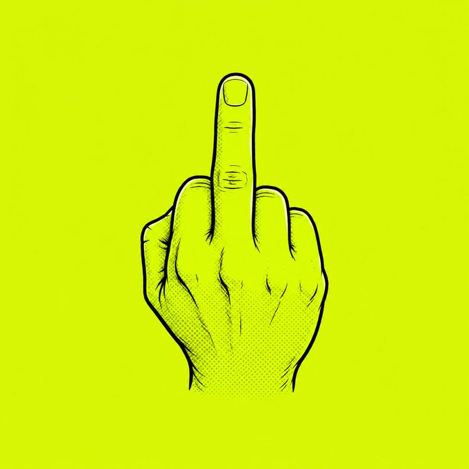 A pop-art style illustration of a hand with the middle finger raised, set against a bright yellow-green background with halftone shading effects.

The image's defiant middle finger gesture visually reinforces the post's blunt, irreverent tone, serving as a bold "fuck it" expression to accompany the casual welcomes directed at @Noxa_Fi and @klik_evm.