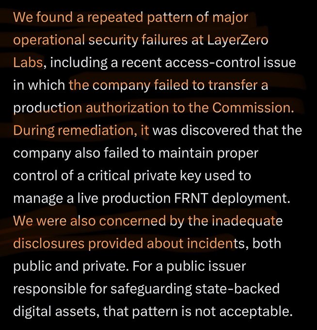 A highlighted text excerpt stating: 'We found a repeated pattern of major operational security failures at LayerZero Labs, including a recent access-control issue in which the company failed to transfer a production authorization to the Commission...' discussing concerns over disclosures for a public issuer safeguarding state-backed digital assets.