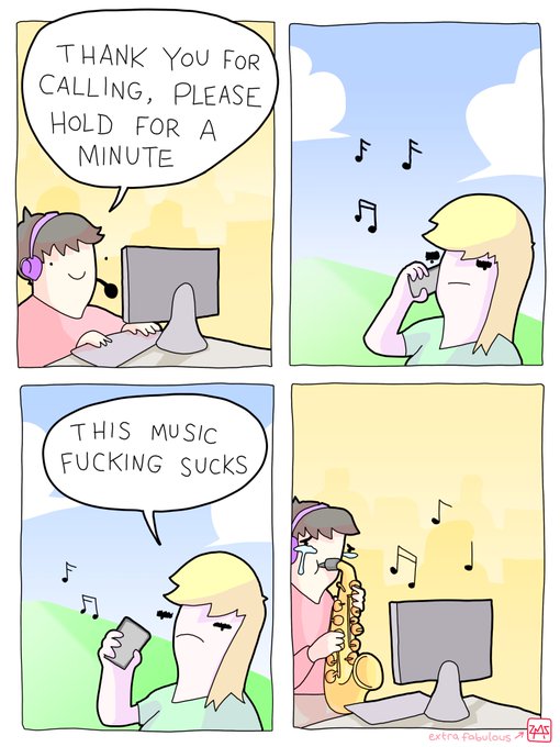 The image features a cartoon of two people talking on their cell phones, with one person holding a guitar and another holding a computer monitor. The caption below the image reads "Thank you for calling, please hold for a minute".