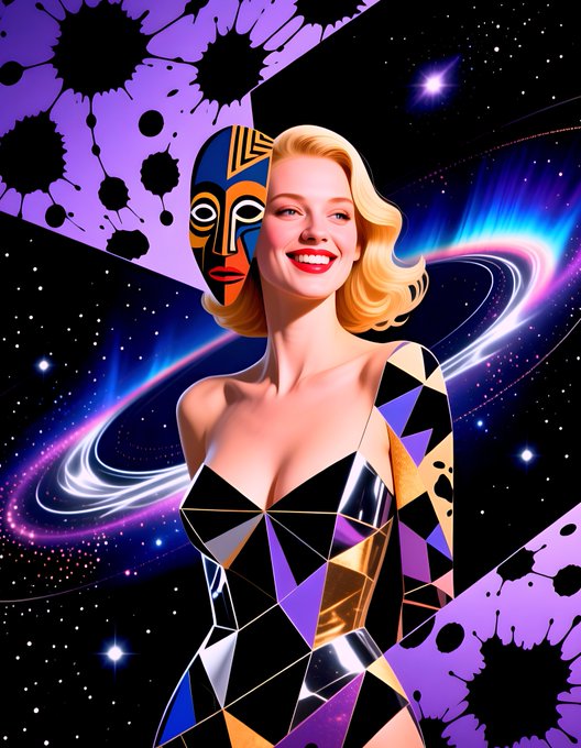 A blonde woman in a geometric-patterned dress smiles against a cosmic backdrop, her face partially overlaid with a colorful tribal mask and swirling purple nebulae.