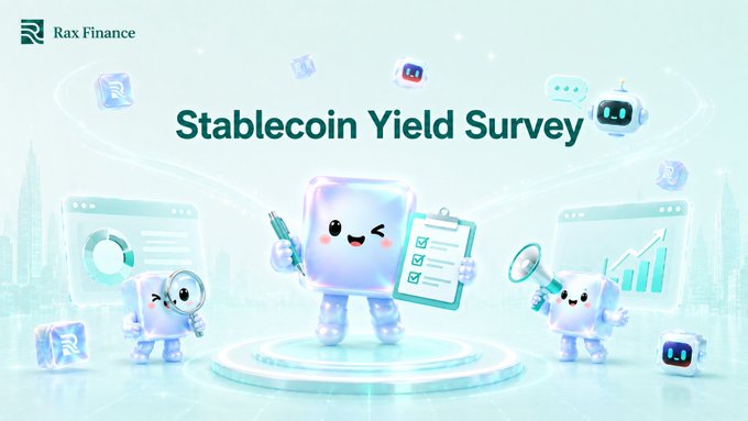 A promotional graphic for 'Rax Finance' titled 'Stablecoin Yield Survey' featuring cute 3D cube characters holding a syringe, clipboard, and magnifying glass in a teal cityscape setting.