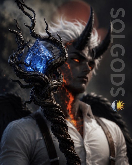 Digital artwork for 'SOLGODS' shows a horned, white-haired demonic figure with glowing red eyes holding a staff topped with a glowing blue crystal wrapped in dark roots.