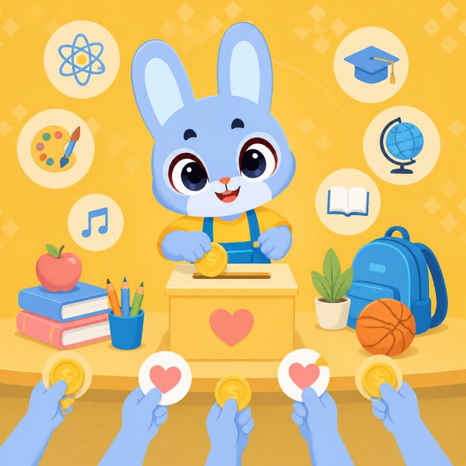A cheerful blue bunny drops a coin into a donation box surrounded by educational icons like atoms, books, and graduation caps, while multiple hands offer coins and hearts in support. The image visually reinforces Giggle Academy's mission by depicting community giving fueling children's access to learning and educational opportunities.