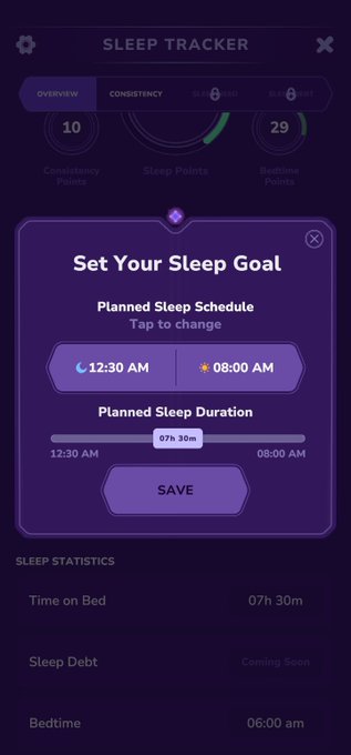A purple-themed 'SLEEP TRACKER' mobile app interface showing a 'Set Your Sleep Goal' popup with a planned schedule from 12:30 AM to 08:00 AM and a planned sleep duration of 07h 30m.