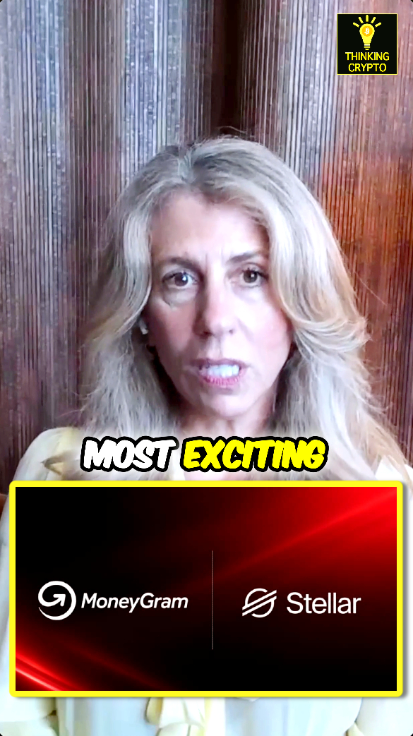 Denelle Dixon, CEO of the Stellar Development Foundation, is featured in a "Thinking Crypto" interview discussing MoneyGram's launch of a stablecoin on the Stellar blockchain, with on-screen graphics displaying both the MoneyGram and Stellar logos beneath the text "MOST EXCITING."