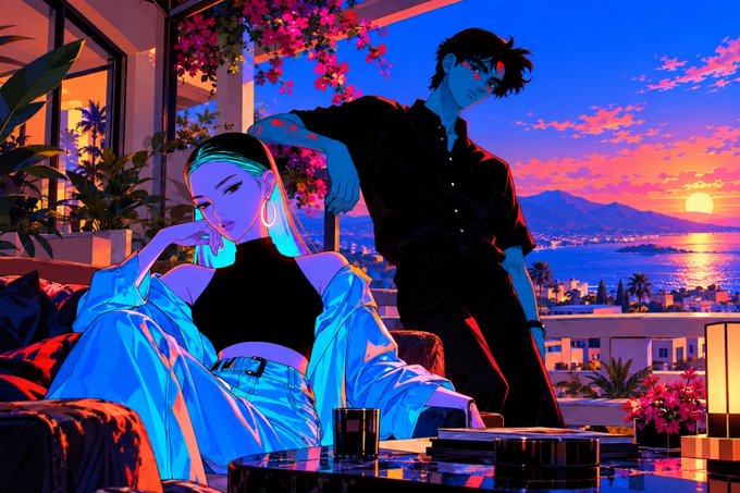Two figures lounge on a balcony overlooking a vibrant sunset coastline, with a woman in a black crop top and oversized light shirt sitting while a man in black stands behind her, the dreamy tropical backdrop complementing the peaceful "Good night CT" sentiment.