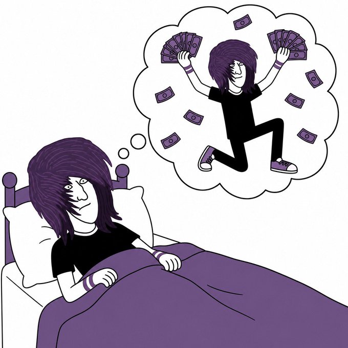 The image features a cartoon illustration of a person with long hair, who appears to be a teenager or young adult. The character is lying in bed while holding money above their head, suggesting that they are daydreaming about making money. In addition to this main character, there is another smaller character present in the scene, which could represent someone else's idea of a good time. The image also includes text elements such as "It doesn't matter who deployed I say this as a bagworker Every single $emo nad who has long term conviction in monad will inherit the earth Outwork me Outwork your favorite bull poster Outwork fucking everyone You're early to the next silly season Get to work Gn Emonad".