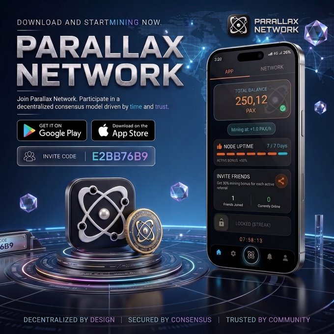A promotional advertisement for Parallax Network, a crypto mining app, displaying an invite code 'E2BB76B9' and a total balance of 250.12 PAX.