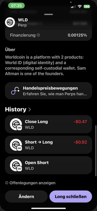 The image shows a black iPhone screen with various information displayed, such as the time of 7:38, a description of two different trading options (an open-short or WLD), an analysis of the history of those options, and stock quotes for Bitcoin and Ripple. The text on the screen includes phrases like "Close Long", "Short + Long", "Open Short", "WLD", and a long description about the options available. In this post, someone is expressing their disappointment at being left out of a trading opportunity due to some sort of issue with joining the trading platform.