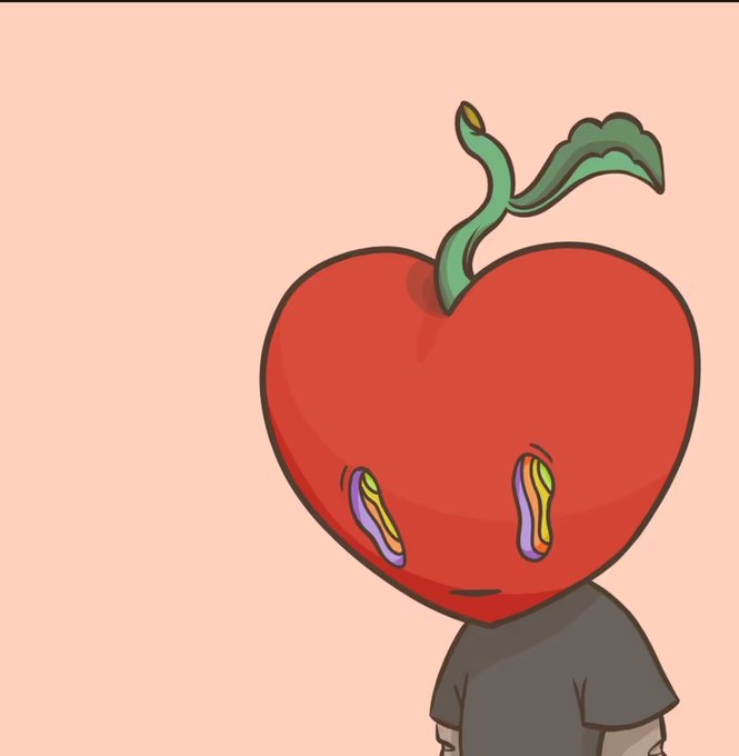 A digital illustration of a character with a red apple-shaped head, a green stem and leaf, rainbow-colored crying eyes, and a small sad mouth, wearing a gray shirt against a pink background.