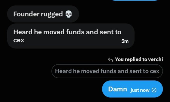A Twitter DM conversation shows a user reporting that the founder of a project "rugged" (indicated by a skull emoji) and moved funds to a centralized exchange (CEX), with the reply "Damn" expressing dismay about the alleged exit scam referenced in the post.