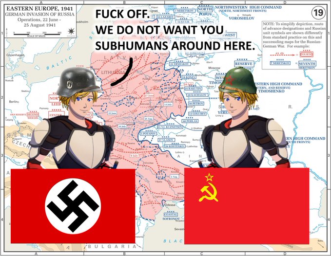 This image is a political meme superimposing anime-style personifications of Nazi Germany and the Soviet Union over a 1941 map of the German invasion of Russia, accompanied by aggressive text. The image uses a historical conflict to mock "tired narratives," mirroring the post's dismissive tone toward mainstream investment trends in favor of finding "undervalued assets."