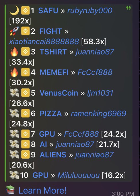 The image shows a Binance leaderboard ranking the top 10 "SAFU" tagged wallets, led by "rubyruby000" at 192x, followed by "FIGHT»xiaotiancai888888" at 58.3x and "TSHIRT»juanniao87" at 33.4x. This relates to the post about a successful chain-scanning group, as the leaderboard displays impressive profit multipliers (multi-x returns) for early meme coin snipers, demonstrating the effectiveness of the scanning approach being promoted.