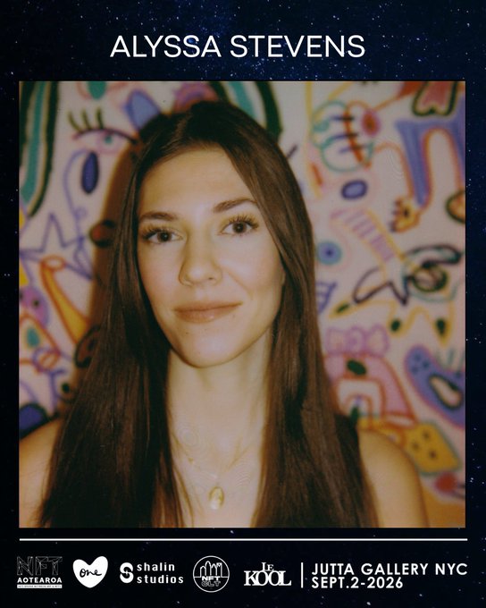 A promotional poster with the text 'ALYSSA STEVENS' featuring a woman against a colorful abstract background, listing gallery and event details for 'JUTTA GALLERY NYC SEPT.2-2026'.
