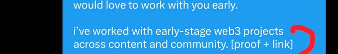 The image shows a text message on a blue background reading, "would love to work with you early. i've worked with early-stage web3 projects across content and community. [proof + link]," with a red circle highlighting the bracketed "[proof + link]" portion. The caption humorously relates to the post by pointing out the missing proof and link in the pitch, suggesting the sender was too tired to include them—hence being "cooked."