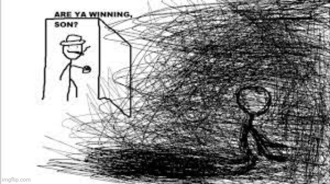 A "Are Ya Winning, Son?" meme shows a stick-figure father peeking from a doorway at his child, who is hunched over amid a chaotic mass of scribbled lines representing frustration or despair. The caption "3 days since the last Knots block" humorously reflects the miner's prolonged struggle, suggesting they aren't winning despite their persistent effort.