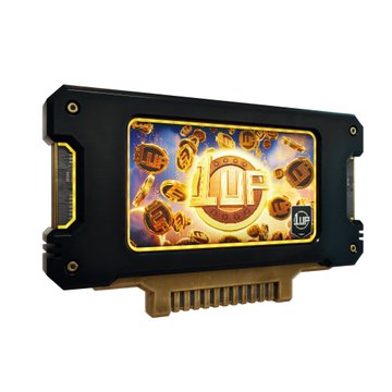 The image features a Fortnite item resembling a rugged hard drive with a golden display showcasing "1 UP" coins against a glowing background. The visible "1UP" text and coin imagery directly illustrate the revival item described, referencing its function similar to a Kenny Item in-game.