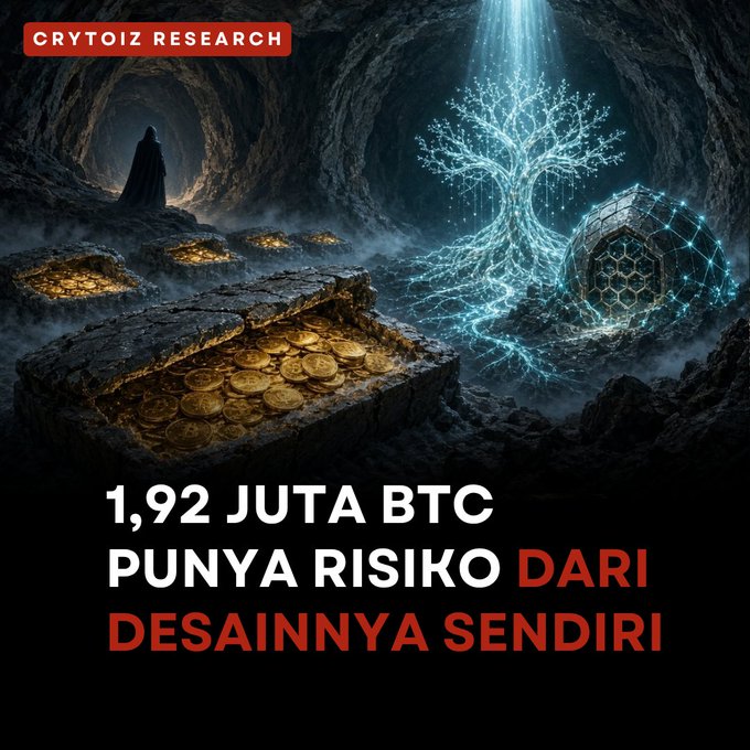 A 'CRYTOIZ RESEARCH' graphic showing a treasure-filled cave with gold coins and a glowing tree, with Indonesian text reading '1,92 JUTA BTC PUNYA RISIKO DARI DESAINNYA SENDIRI'.