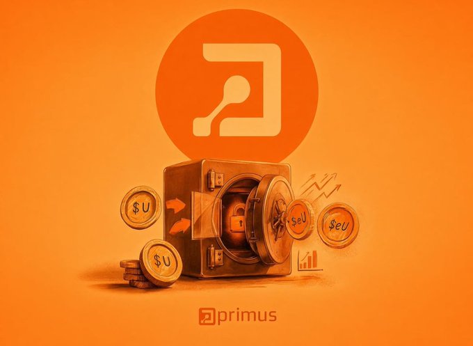 An orange-themed promotional graphic for Primus featuring a logo with a circuit-like symbol above an open vault filled with coins marked '$U' and 'SeU'.