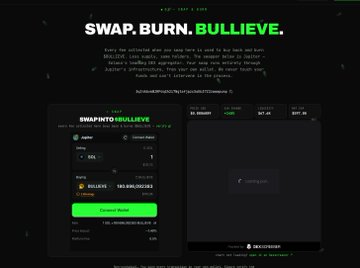 Dark-themed website screenshot with text reading 'SWAP. BURN. BULLIEVE.' and 'SWAP INTO $BULLIEVE', displaying a token swap interface.