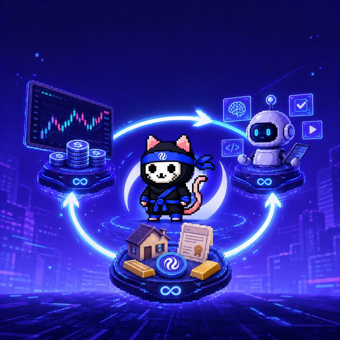 A pixel art illustration featuring a ninja cat character surrounded by icons representing trading, AI, and real estate, connected by circular arrows against a futuristic city background.