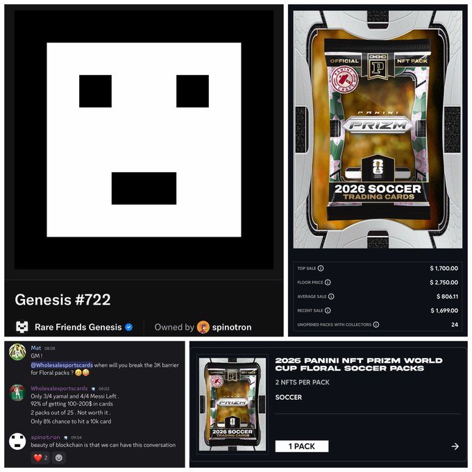 A screenshot of an NFT trading page showing 'Genesis #722' from the 'Rare Friends Genesis' collection owned by 'spinotron', alongside a 2026 Panini NFT Prizm World Cup Floral Soccer Pack selling for $1,700.