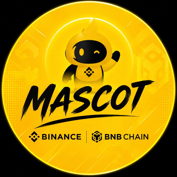 A glowing yellow circular logo features a winking Binance-style mascot character with its fist raised, above the bold black brushstroke text "MASCOT," and the "BINANCE" and "BNB CHAIN" branding at the bottom—teasing a mascot-themed launch on BNB Chain as hinted by the post.