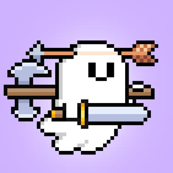 A pixel art illustration of a white character resembling a toilet or robot holding a cleaning brush, with a toilet plunger attached as a sword belt, set against a purple background.