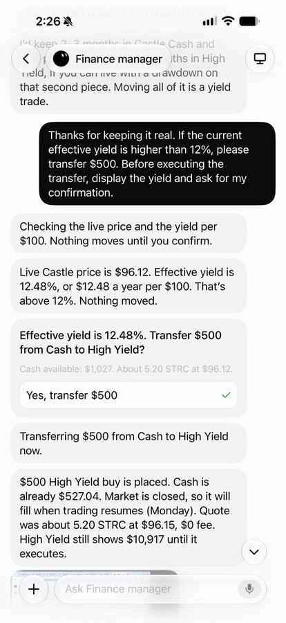 A smartphone chat conversation with a 'Finance manager' AI assistant discussing moving money from Cash to High Yield in Castle, with details about Castle price at $96.12, effective yield of 12.48%, and a $500 transfer between accounts.