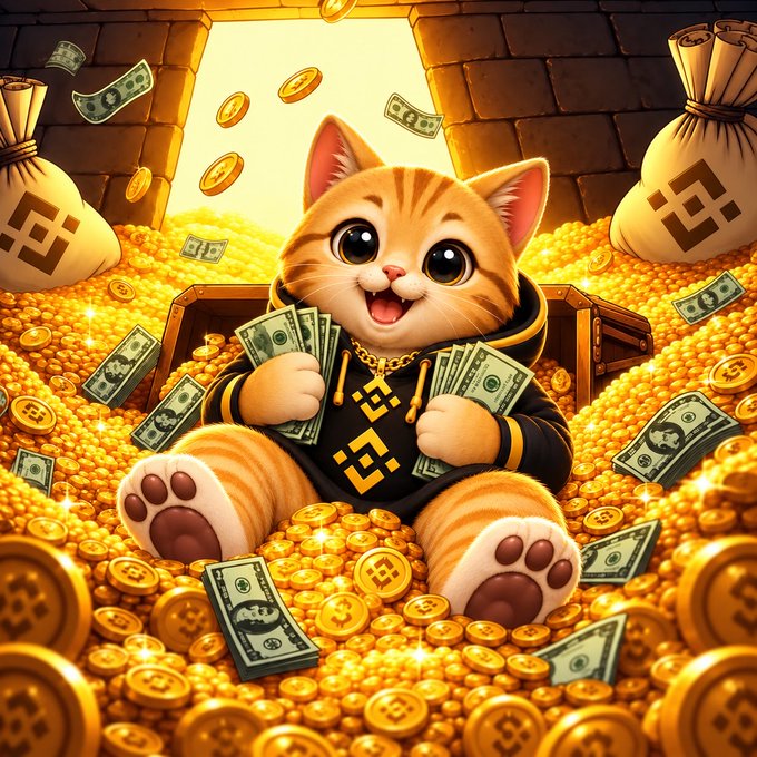 A cartoon orange tabby cat wearing a black BNB hoodie sits in a treasure chest overflowing with gold coins and dollar bills, surrounded by money bags marked with the Binance logo. The image visually amplifies the post's crypto airdrop promotion, using the Binance-branded cat and wealth imagery to entice users with the promise of 250,000 $MAOLA tokens for participating.