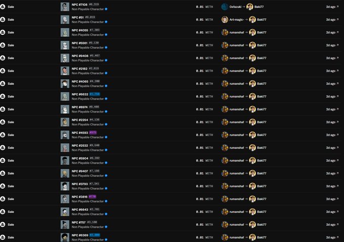 A screenshot of an NFT marketplace transaction history, displaying a long list of low-priced sales (0.01 WETH) of various 'Non Playable Character' NFTs from a collection like 'numanaut' or 'Oobcats'.