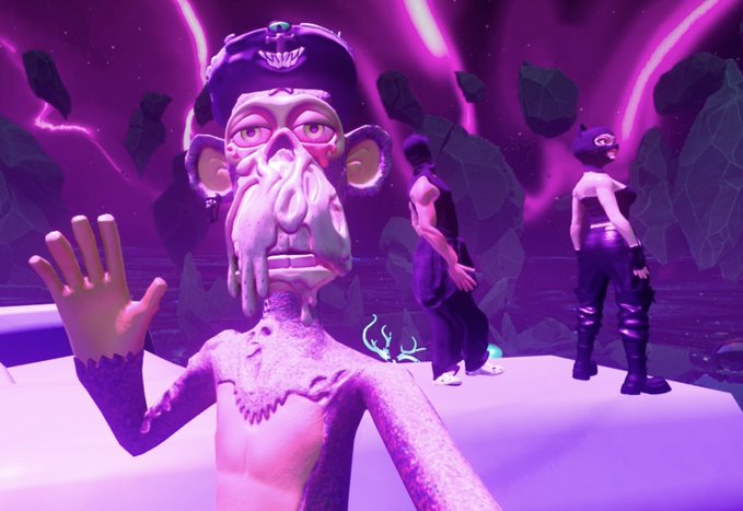 A 3D-animated monkey-like character in a police hat waves at the camera while two other characters stand nearby in a neon purple cosmic environment, capturing the playful, otherworldly vibe of the OthersideMeta virtual world.