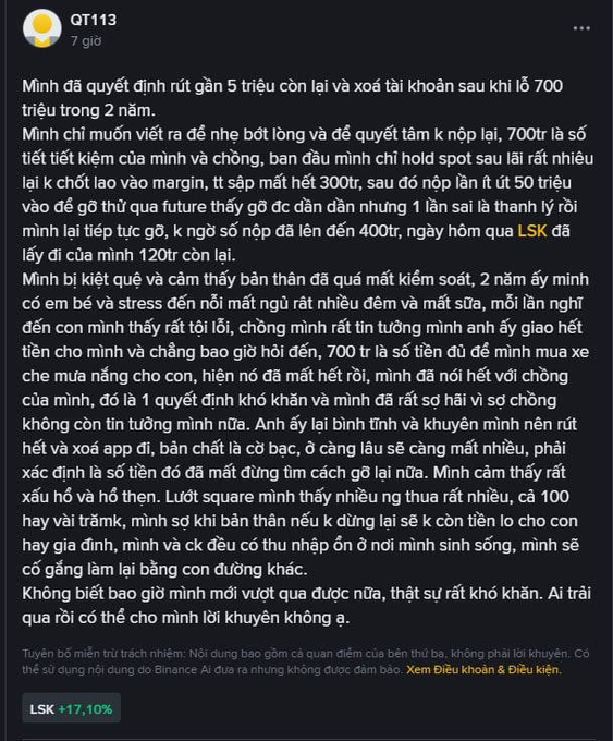 A screenshot of a Vietnamese social media post by user 'QT113' detailing their decision to exit cryptocurrency investments, including LSK, following significant losses and stress.
