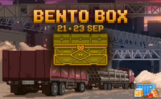 Pixel art advertisement for 'BEHTO BOX' event running '21-23 SEP,' featuring a golden decorative chest in front of industrial trucks.