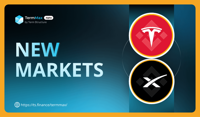 A promotional graphic for TermMax (by Term Structure) announcing 'NEW MARKETS' featuring two cryptocurrency logos (resembling Tron and XRP) with the URL https://ts.finance/termmax/.