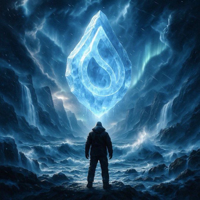 A dramatic digital artwork depicting a figure in a hooded jacket standing before a glowing, translucent SUI logo crystal in a stormy, icy landscape with waterfalls and dark clouds.