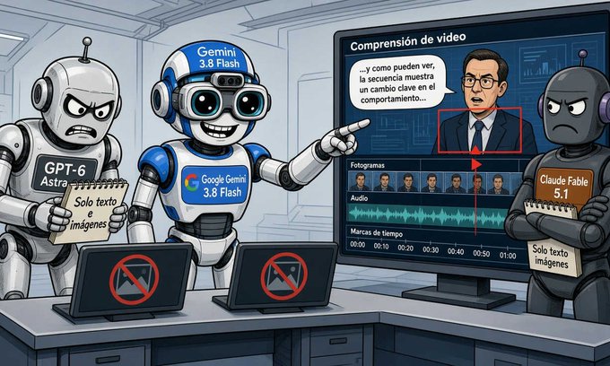 A cartoon illustration showing robots labeled GPT-6 Astra, Google Gemini 3.8 Flash, and Claude Fable 5.1, with Gemini pointing to a video comprehension interface analyzing a sequence of a man in a suit.